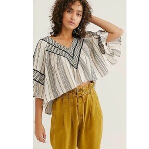 Free People Runnin On Dream 100% COTTON Boho Hi Lo Crop Top Fluted Sleeve MEDIUM